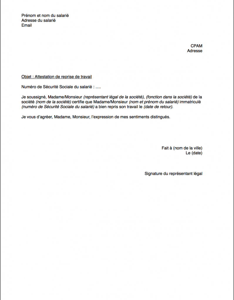 lettre de reprise de travail