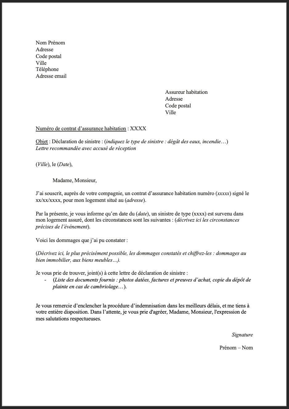 Notre modèle de lettre de déclaration d’un sinistre habitation (Mise à