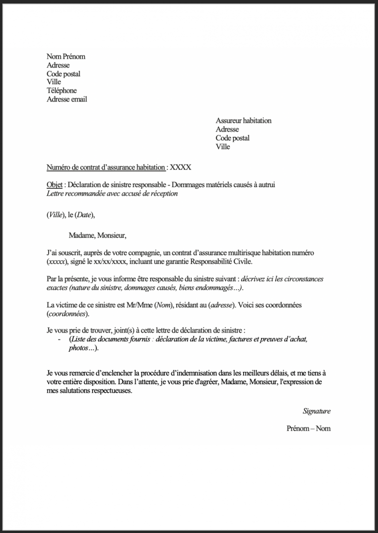 Notre modèle de lettre de déclaration à l’assurance Objet cassé (Mise