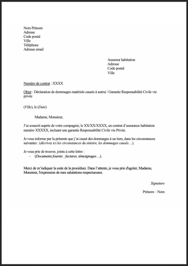 exemple lettre déclaration sinistre