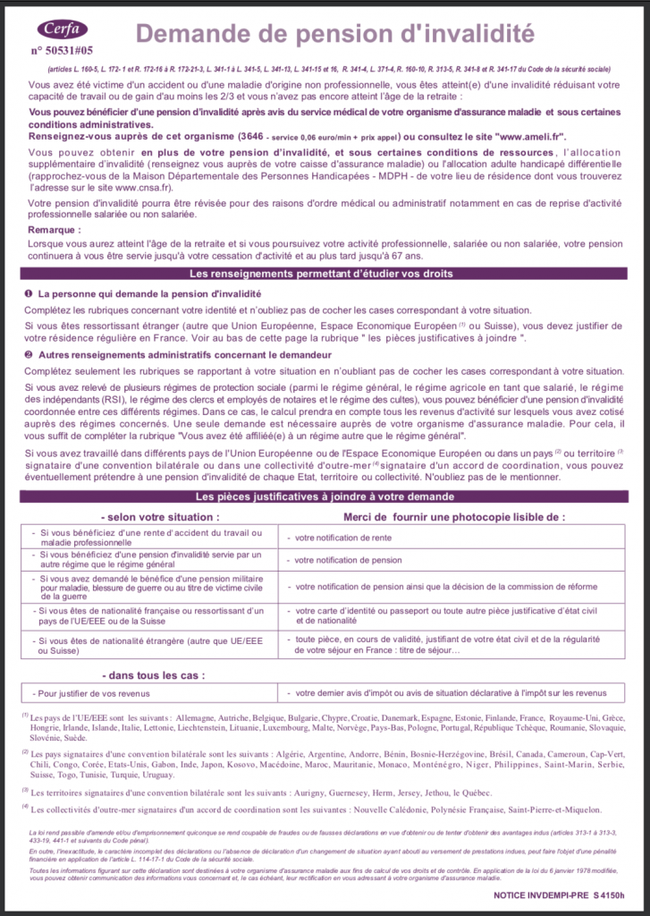 Formulaire S4150 Demande De Pension D Invalidite