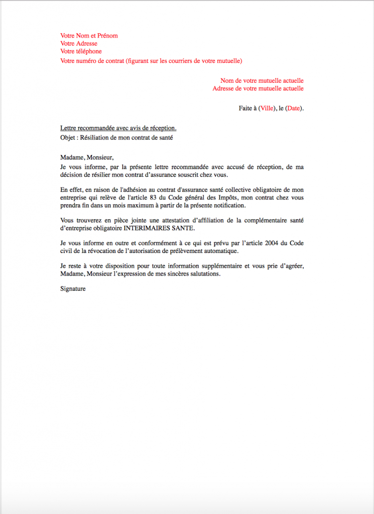 lettre resiliation mutuelle interimaires