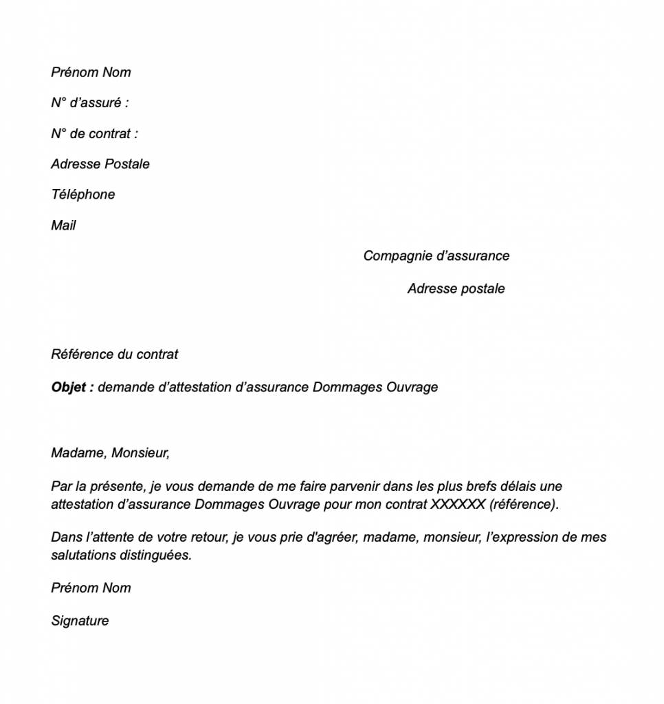 modele lettre demande attestation dommages ouvrage