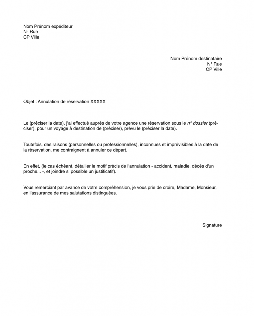 lettre annulation voyage sans assurance 1