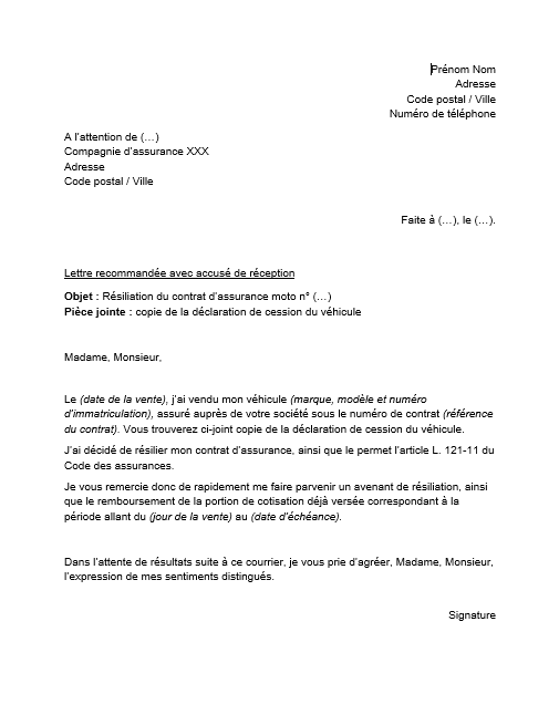 lettre de resiliation assurance moto