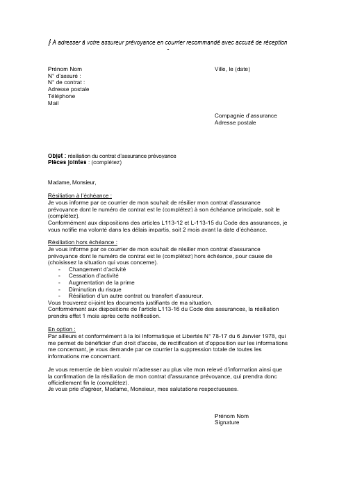 lettre de resiliation contrat prevoyance