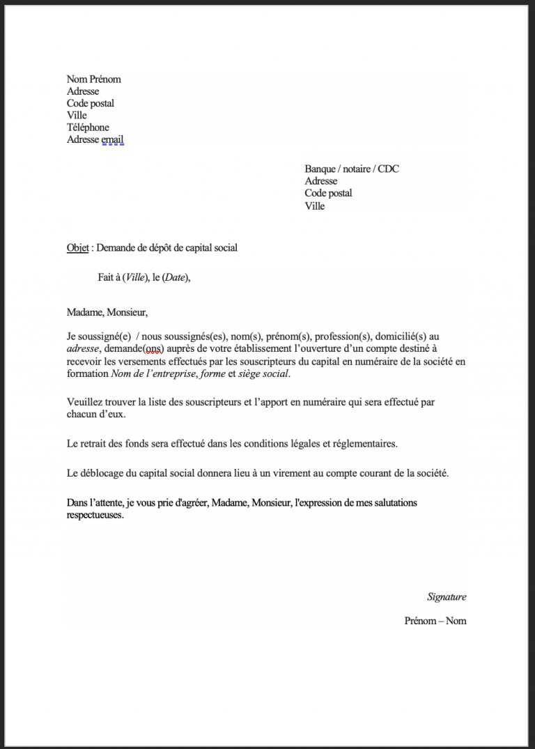 Lettre de demande de dépôt de capital modèle gratuit (Mise à jour 2023)
