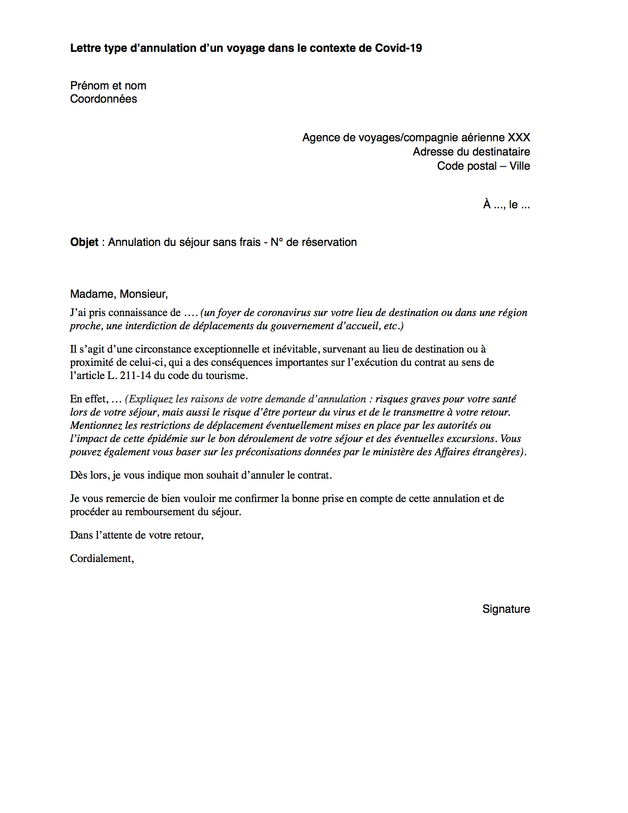 lettre de desistement voyage