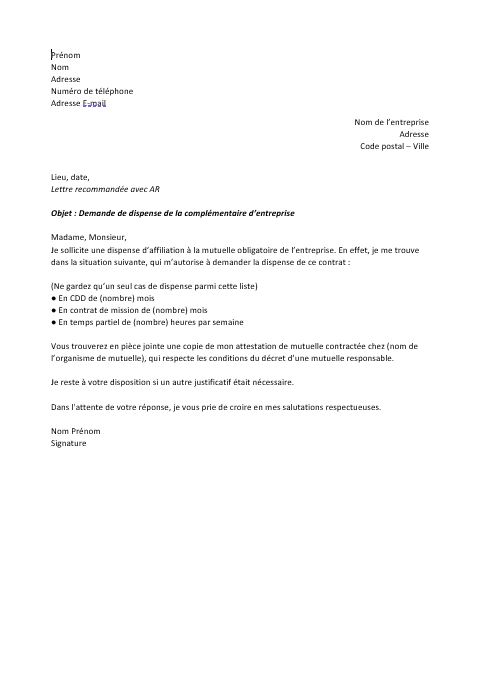 lettre ddemande de dispense mutuelle entreprise