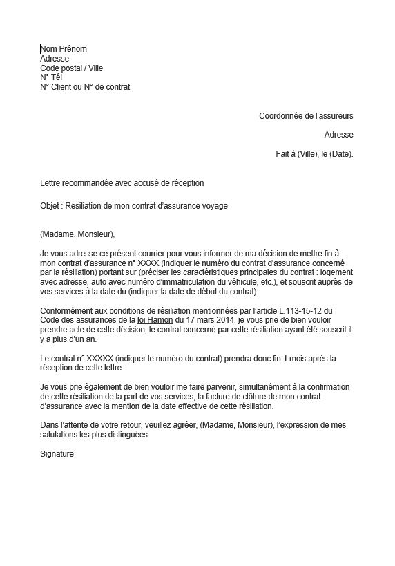 lettre resiliation assurance voyage