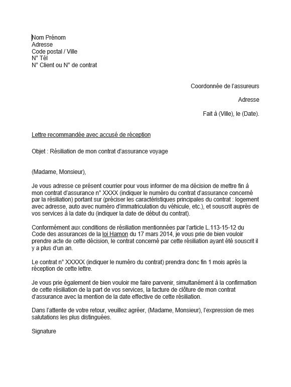 Lettre résiliation Assurance voyage AXA