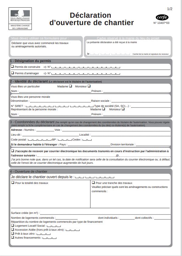Formulaire Déclaration d'ouverture de chantier Cerfa 13407-03