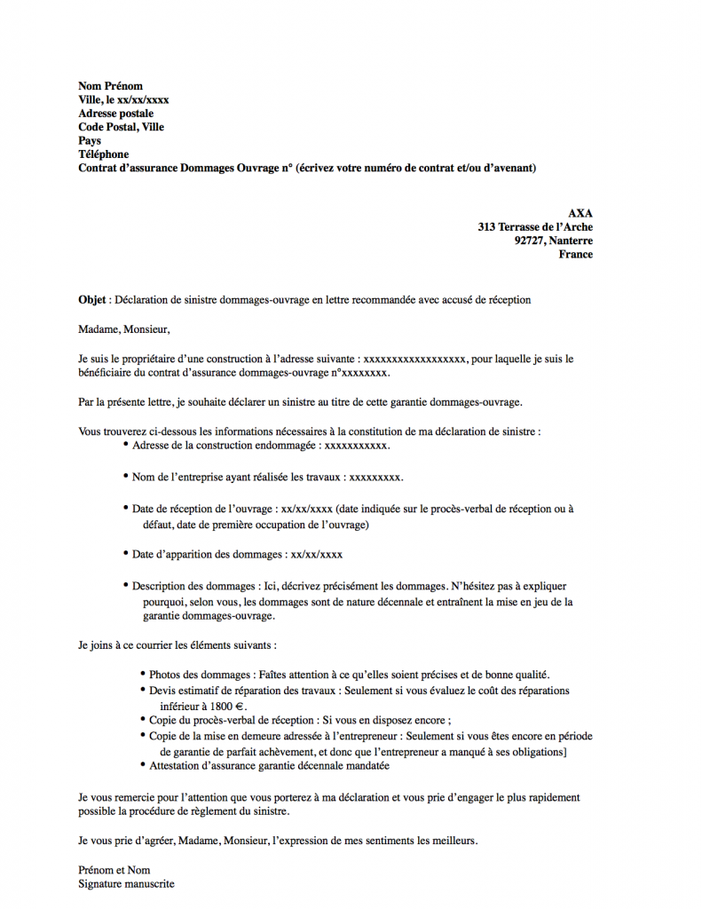 lettre type de declaration de sinistres dommages ouvrage