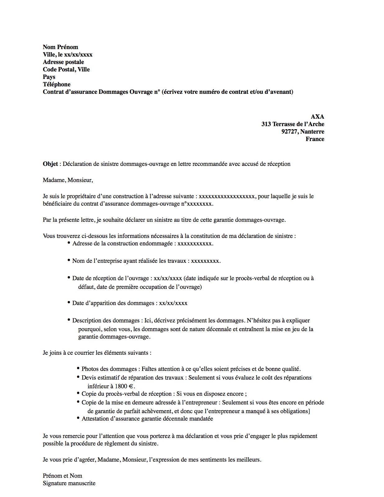 Modèle de lettre pour déclaration de sinistre Dommages Ouvrage (Mise à