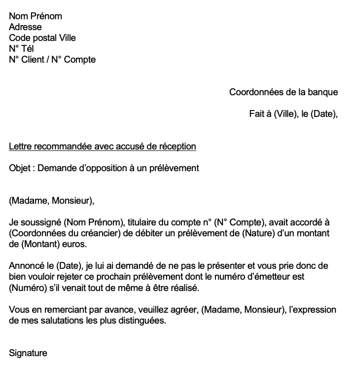 modele lettre demande opposition prelevement