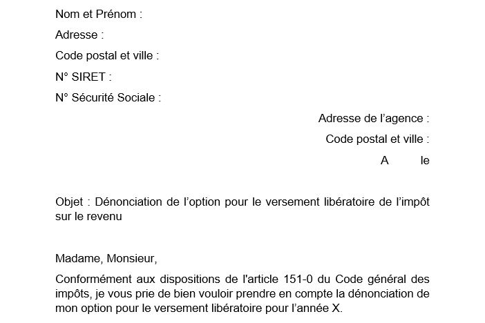 courrier de denonciation pour le versement liberatoire