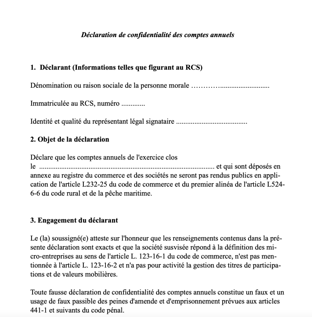 modele declaration de confidentialite des comptes annuels