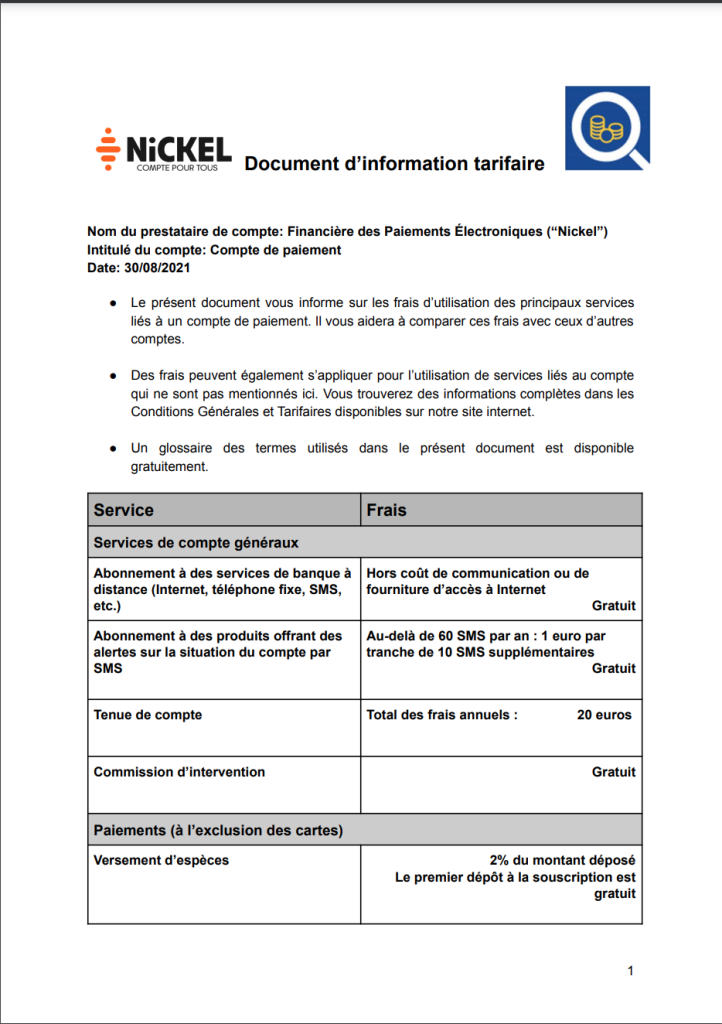 grille tarifaire Nickel 2023