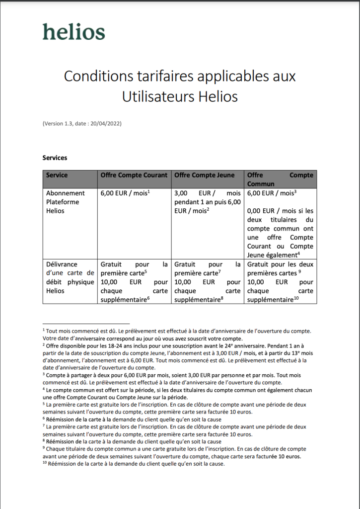 grille tarifaire Helios 2022