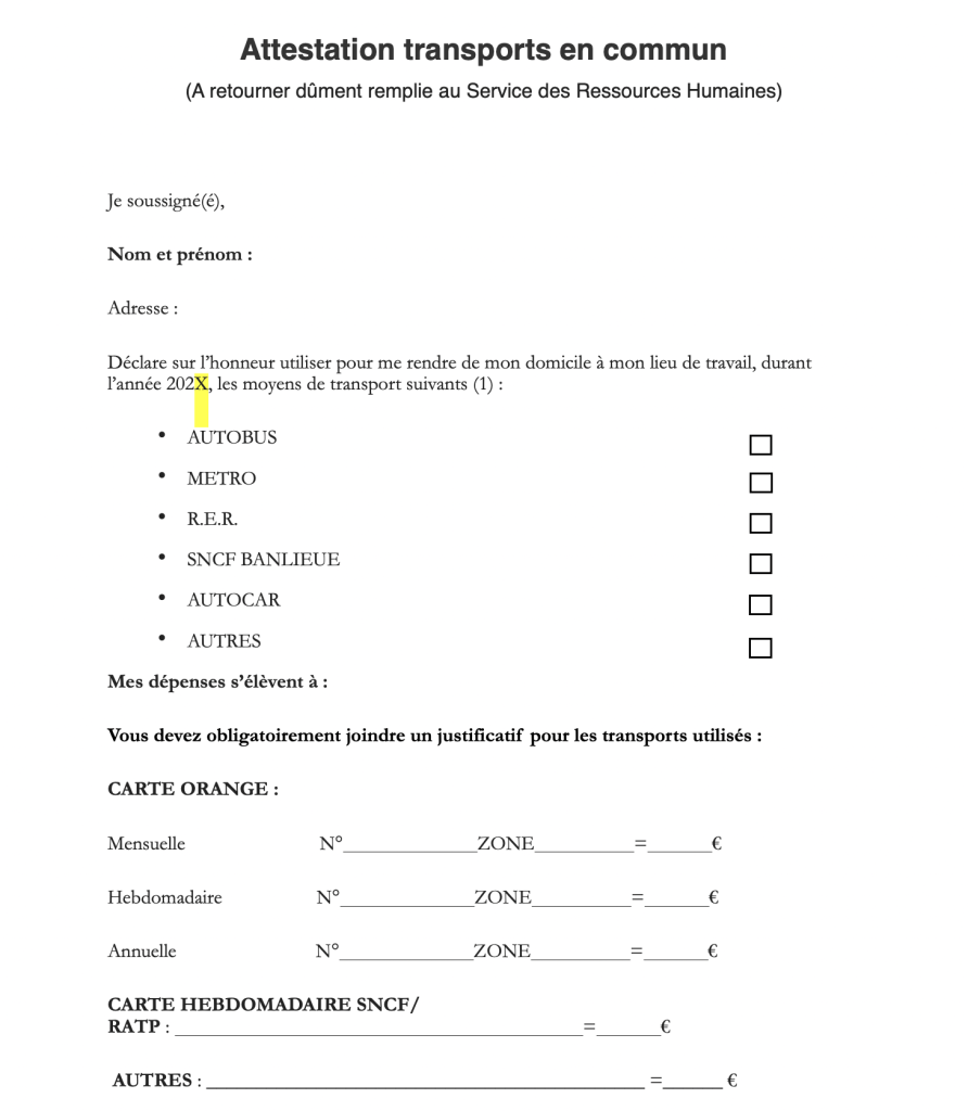 Attestation transports en commun