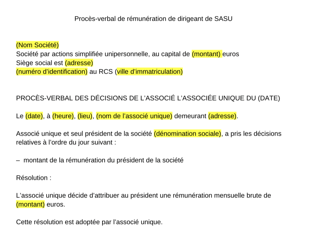 pv rémunération SASU