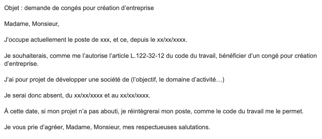 demande de congé création entreprise