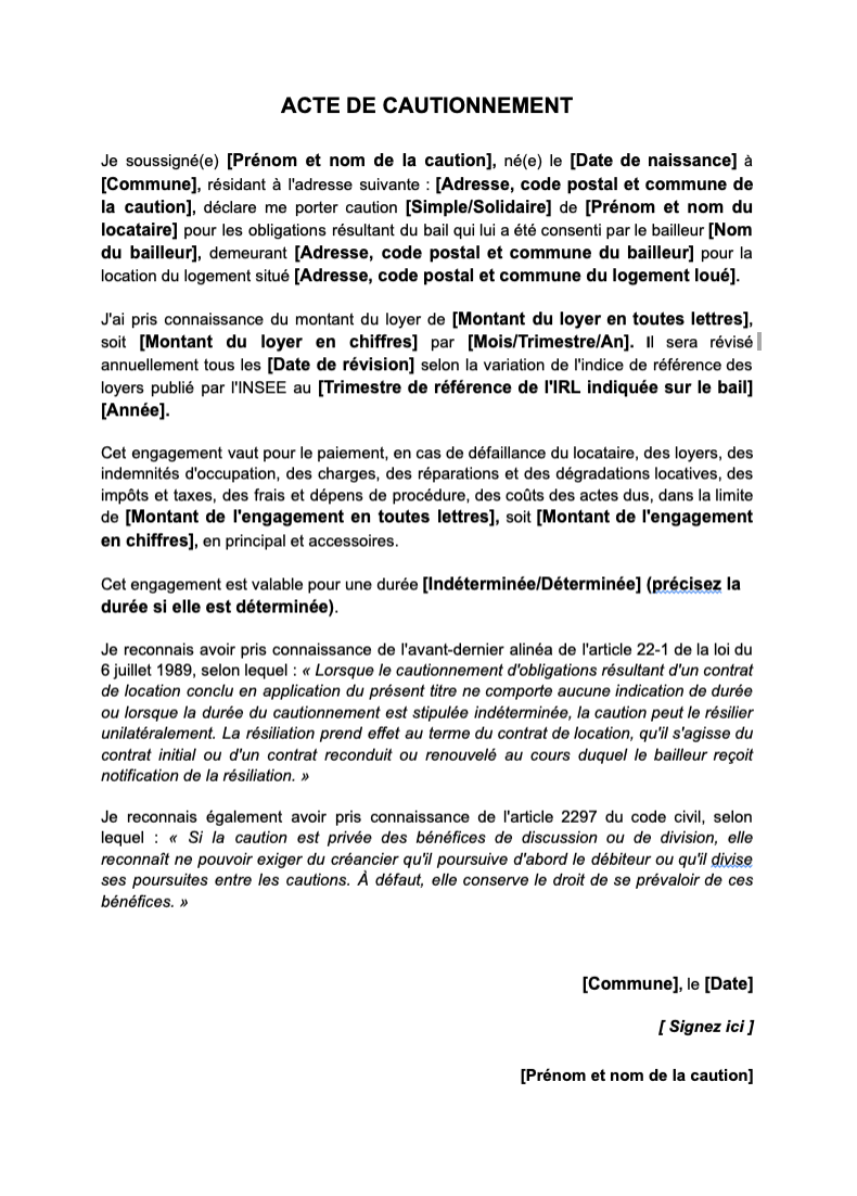 Notre Mod le D acte De Cautionnement Solidaire
