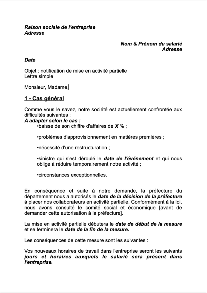 lettre passage chomage partiel