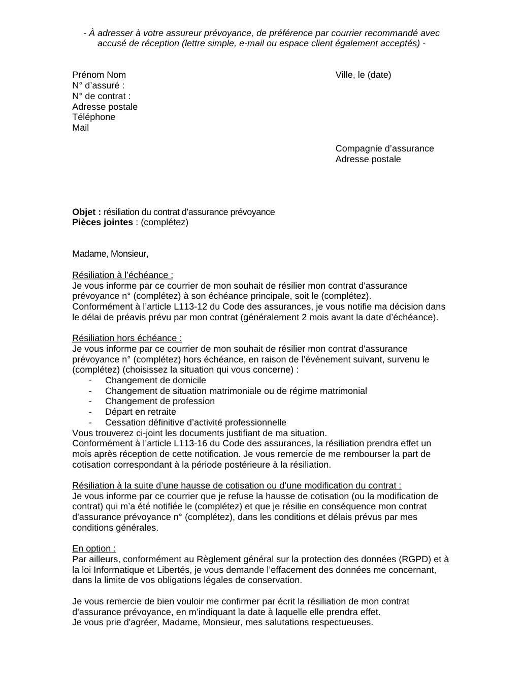 Modèle de lettre de résiliation d'un contrat de prévoyance